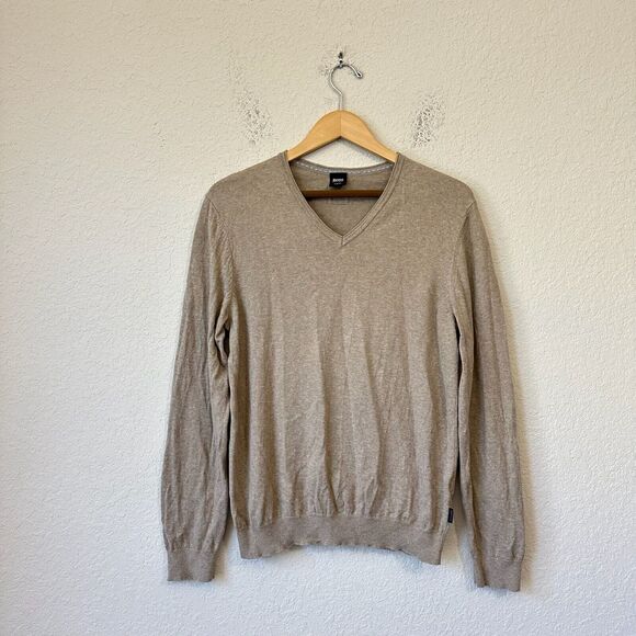 BOSS HUGO BOSS Long Sleeve Knit V-Neck Sweater Slim Fit Ribbed-Trim in Tan - Picture 1 of 10